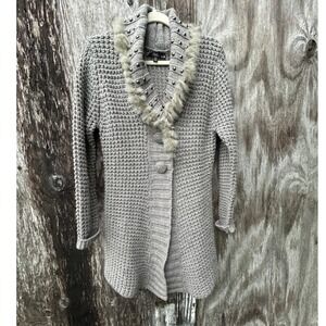 Sioni Gray Faux Fur Studded Longline Cardigan Sweater Indie Sleaze Glam Y2K M